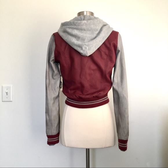 Faux Leather Moto Bomber Jacket Hoodie Red Grey - Picture 6 of 10